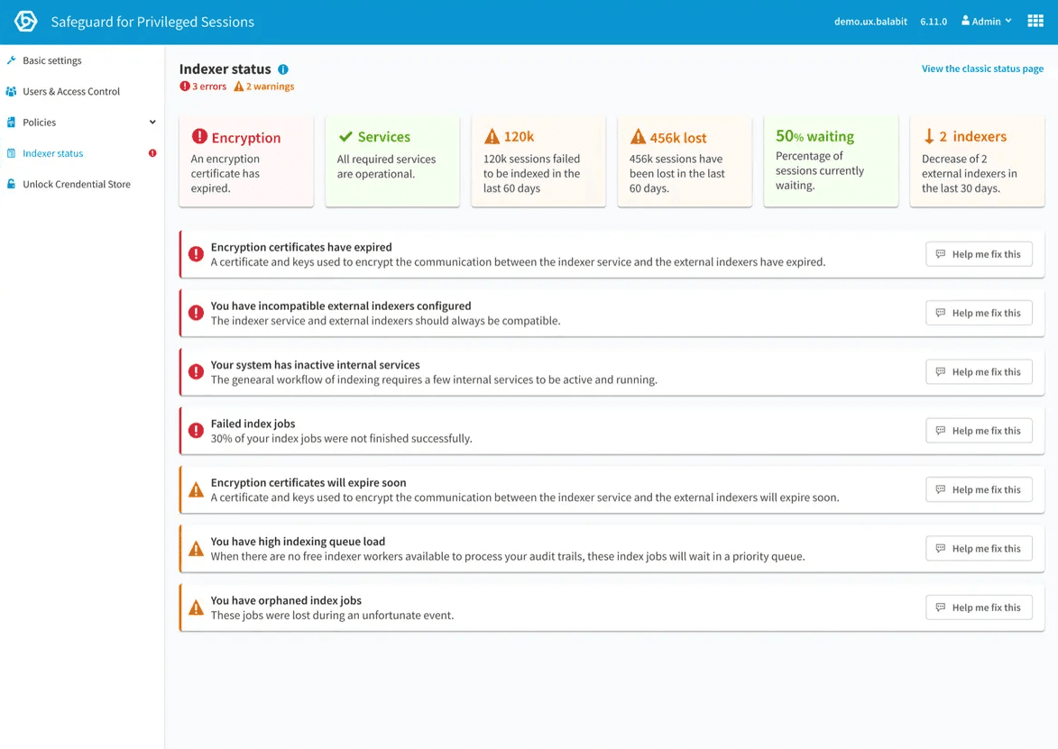 Indexer Status — Safeguard for Privileged Sessions